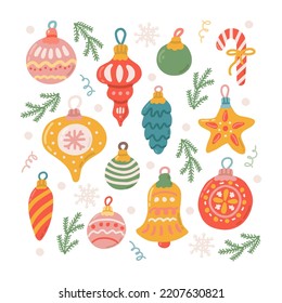 Set of Christmas tree toys, vector illustration in flat style, decor for postcards, posters