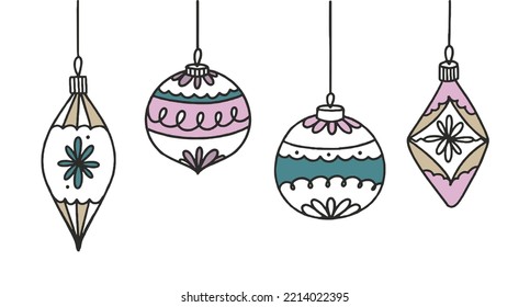 Set Christmas Tree Toys Vector Illustration Doodle Isolated on White Background Christmas 