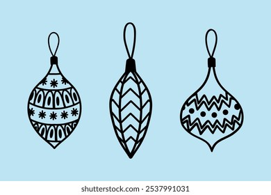 A set of Christmas tree toys. Vector black and white image of Christmas tree toys in the form of icicles and balls, a symbol of Christmas and New Year. It is used for the design of banners, coloring b