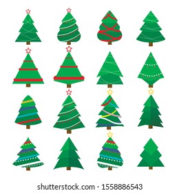 Set of Christmas tree vector icon.  New Years tree with heralds, striped christmas pine. 2020 winter holidays party green fir with garland decoration. Decorated xmas trees. 