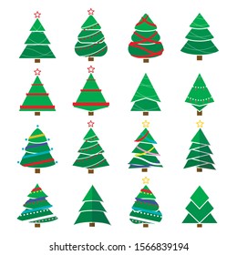 Set of Christmas tree vector icon.  New Years tree with heralds, striped christmas pine.  Decorated xmas trees. Vector set of cartoon Christmas trees, pines for greeting card, invitation,banner, web. 