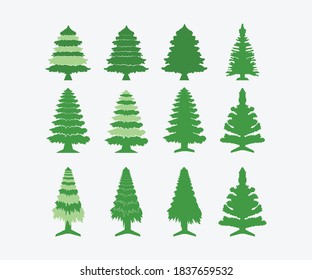 Set of Christmas tree vector icon. Vector illustration with green New Year tree and multi-colored gifts with bows object isolated on a white background. Illustration Vector Icon Symbol Design. 