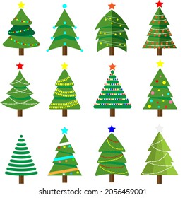Set of Christmas tree vector icon. New Years tree with heralds, striped Christmas pine. winter holidays party green fir with garland decoration. Decorated xmas trees.