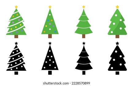 Set of Christmas tree vector icons. Green Christmas tree with garland. New year ornament. 