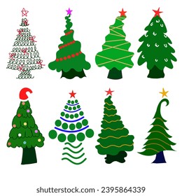 Conjunto de imágenes vectoriales de árboles de navidad diseño verde 
estrella de decoración
celebración de la fiesta