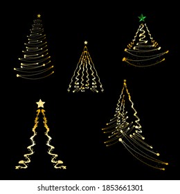 A set of christmas tree vectors, drizzle of gold paint pine tree vector, social media icons vector, gold star vector, digitally created on a tablet, hand drawing, clip art, vector christmas art