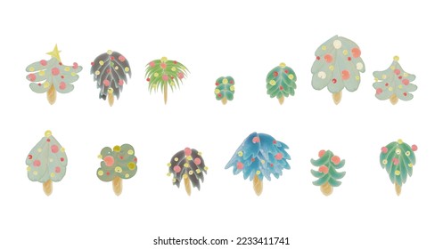 set of christmas tree watercolor textured