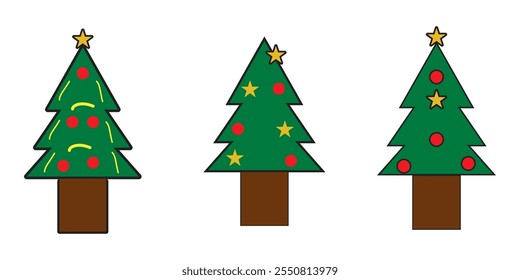 Conjunto de árvore de Natal, fundo branco Árvore de Natal sem decorações de Natal e com decorações de Natal design eps 10