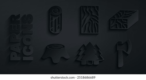 Establecer el árbol de Navidad, viga de madera, tocón del árbol, hacha, e icono de registros. Vector