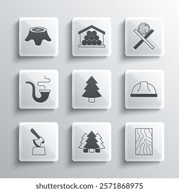 Set Christmas tree, Wooden beam, Worker safety helmet, axe in stump, Smoking pipe, Tree and logs on stand icon. Vector