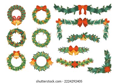 Set of Christmas Tree Wreaths and Garlands, Isolated Winter Decoration of Plants, Berries, Leaves and Toys, Fir or Pine Branches and Bows for Invitation or Greeting Card. Cartoon Vector Illustration