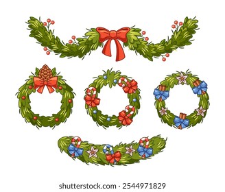 Set Of Christmas Tree Wreaths And Garlands Adorned With Festive Elements Like Red Bows, Pine Cones, And Candy Canes Perfect For Holiday Decorations And Cheerful Celebrations Capturing Spirit Of Season