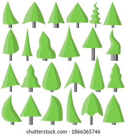Conjunto de árboles de Navidad, atributos de Navidad en estilo plano, árbol verde festivo de varias formas y tamaños ilustración vectorial