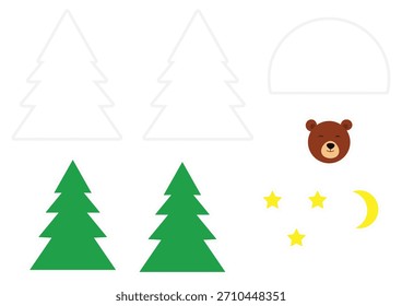 Conjunto de árboles de Navidad, oso, luna y estrellas. Ilustración vectorial.