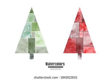 Set of Christmas trees beautiful watercolor hand painted minimal style