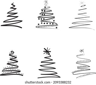 set of Christmas trees in black outline and white background