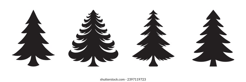 A set of Christmas trees. Black silhouettes of Christmas trees