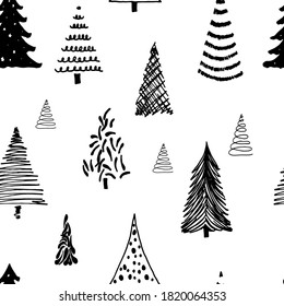 Set of Christmas trees. Black and white Christmas trees, vector. Seamless pattern