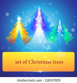 Set of Christmas trees with bright golden bg
