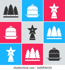 Set Christmas trees, Cake and Christmas star icon. Vector