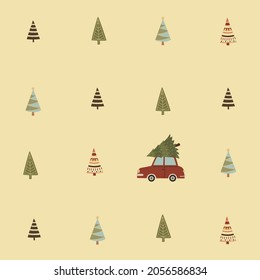 A set of Christmas trees and a car carrying a Christmas tree. Design for Christmas cards.

