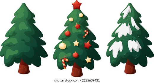 Árboles de Navidad, limpios, con nieve y con juguetes de Navidad al estilo de las caricaturas