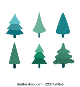 Set of Christmas trees. Collection of fir trees. Flat style. Vector illustration. 