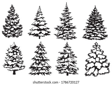 Set Christmas trees  Collection stylized holidays trees  Black   white illustration forest elements  Drawing for kids  Happy New Year 