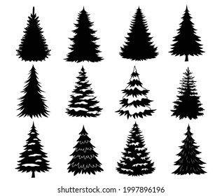 Set of Christmas trees. Collection of stylized holidays trees. Black and white illustration of forest elements. Drawing for kids. Happy New Year.