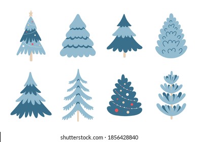 Set of Christmas trees. Collection of winter symbols. Holiday hand drawn elements for Xmas and New Year designs. Vector illustration of blue spruces on white background.