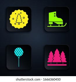 Set Christmas trees, Cookie or biscuit with chocolate, Lollipop and Figure skates. Black square button. Vector