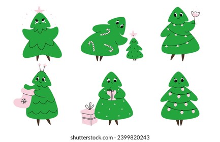 Set of Christmas trees. Cute characters in cartoon style.