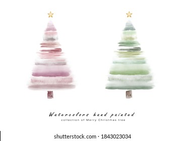 Set of Christmas trees cute watercolor hand-painted for creating card