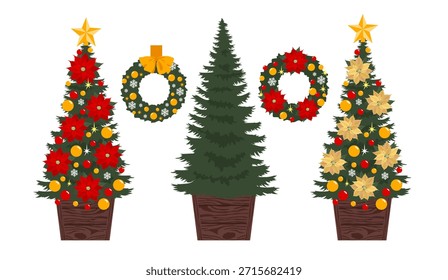 Un conjunto de árboles de Navidad decorados con bolas, estrellas, copos de nieve y flores de pascua.  Una colección de árboles de Navidad y coronas de abeto con decoraciones tradicionales sobre un fondo blanco. Un árbol de Navidad en una caja de madera. Flor roja y beige de la flor de la flor de Pascua. Una ilustración vívida para postales, pegatinas, carteles, cerámica. Clipart de Vector ilustrado. Dibuja a mano sin ayuda. 