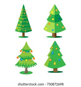 Set Christmas trees decorated with Christmas balls. Vector illustration.