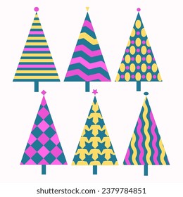 Un conjunto de árboles navideños decorados con ornamentos geométricos, rayas, olas, estrellas y ovales. Esmeralda, lila, colores amarillos. Para postales, invitaciones, etc.