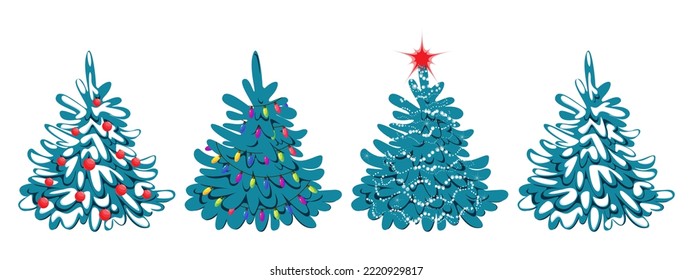A set of Christmas trees decorated with toys, garlands, a star.Collection of winter Christmas trees.Elements of New Year's design.