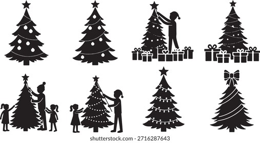 Set of christmas trees and decorating people silhouettes. holiday season. family celebration. festive atmosphere. vector illustration.