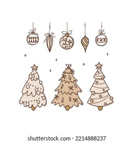 Set of Christmas trees, decorations, bolls, snowflakes, stars. Colorful winter design doodle vector illustration in flat cartoon style. Boho color concept.