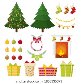 Set Christmas trees, decorations, presents, balls for pine tree, holiday socks, fireplace isolated on white background. Bright clipart, design elements for new year celebration.