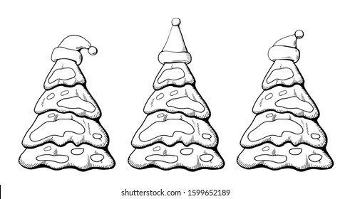 Set of Christmas trees for the design of cards, covers, print for the New Year. Outline drawing. Isolated objects on a white background. Hand drawn doodle. Vector stock illustration.
