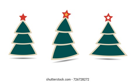 A set of Christmas trees for design from triangles and strokes in a flat style with a star at the top isolated on white background.Dancing tree. New Year's and Christmas.