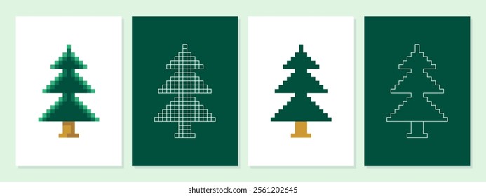 Set of Christmas Trees Design Vector Template. Christmas trees collection pixel art. Pixels, square, art, lines, seamless, modern, aestethics, decoration, christmas trees.