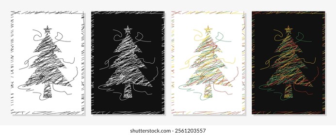 Set of Christmas Trees Design Vector Template. Scribble line art of christmas trees. Scrible art, line, colorful, seamless, modern, aestethics, decoration, christmas trees, fir.