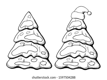 Set of christmas trees. Designer contour Christmas trees for the decoration of the New Year and Christmas. Hand drawn doodle vector illustration. Stock.