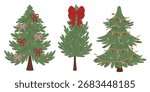 Set of Christmas trees with different decorations. Holiday and traditions cozy design. Traditional symbol of Christmas and New Year. Vector illustration isolated on white background.