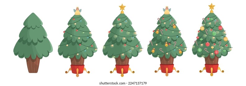 Set of Christmas Christmas trees. Different decorations for Christmas trees.