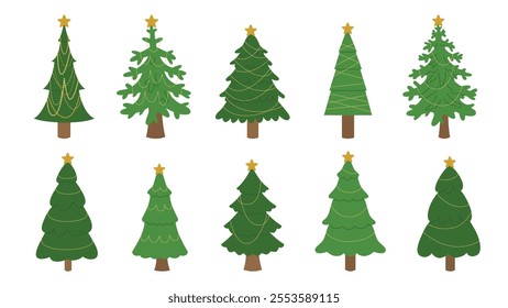 Set of Christmas trees with different decorations. Evergreen forest. Holiday design for cards, banners, packaging and textiles. Traditional symbol of Christmas and New Year. Vector illustration.