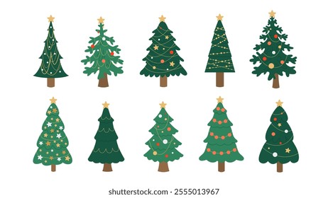 Set of Christmas trees with different decorations. Evergreen forest. Holiday design for cards, banners, packaging and textiles. Traditional symbol of Christmas and New Year. Vector illustration.