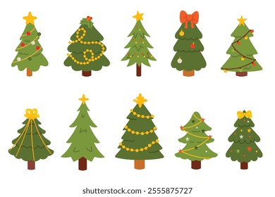 Set of Christmas trees with different decorations. Evergreen forest. Holiday design for cards, banners, packaging and textiles. Traditional symbol of Christmas and New Year. Vector illustration.